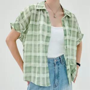 여성 체크 시스루 여름 린넨 반팔 블라우스