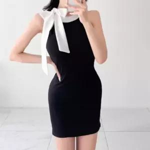 여성 홀터넥 스카프 골지 슬림핏 나시 미니 원피스