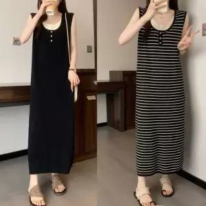 나들이룩 코디 니트 데이트룩 롱 원피스 스트라이프 일자핏 배색 민소매