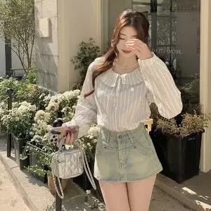 [하프클럽/]카라 스트링 긴팔 블라우스 스트라이프 둥근카라넥