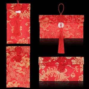 4피스 실크 레드 봉투 중국 포켓 행운의 돈 홍바오 카드 봄 축제 결혼식 새해 생일 매듭 옥 펜던트 구리