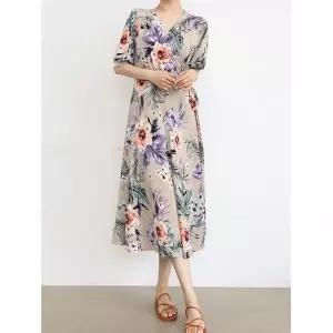 프롬코 [FREE] 여름 휴양지 플라워 반팔 랩 셔링 롱 원피스 FRC228