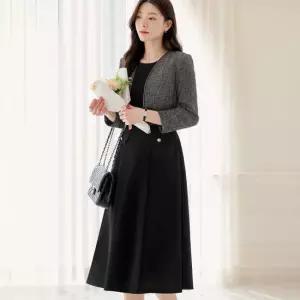 [시크라인] 루자 자켓 레이어드 배색 플레어 원피스