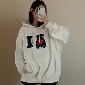 여자 러블리 곰프린팅 가을 오버핏 캥거루 후드 티셔츠
