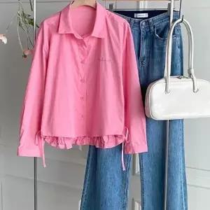 여성 루즈핏 스트랩 면 셔츠 언발란스 프릴 디자인