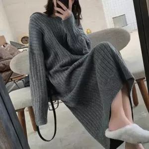 원피스 롱원피스 캐쥬얼 데일리 간절기 후드 골지 롱니트