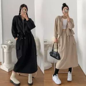 여성 봄 가을 바스락 나일론 세미크롭 바람막이 자켓 카고 롱스커트 세트 SST0073S 빅사이즈 루즈핏