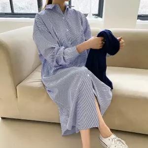 여성 봄 가을 스트라이프 셔츠 롱 원피스 단가라 박시핏 OP0290S 빅사이즈 루즈핏