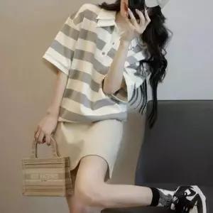 스트라이프 여성 더블 카라 단가라 반팔 셔츠 티셔츠 WFG8K8X