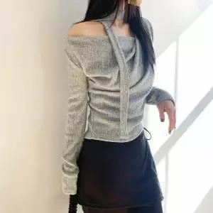 [하프클럽/옷자락]여자 데이트룩 여리핏 페미닌 셔링 오프숄더 니트