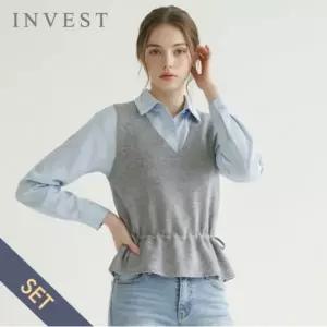 [인베스트] 베이직 카라 블라우스+니트 조끼 세트_IN6S1BL5191