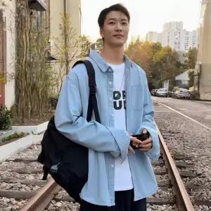 남성용 데님 워크 셔츠 오버핏 캐주얼 봄 가을 긴팔 남방 아우터