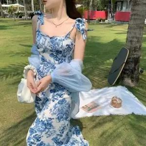 어깨 묶음 플라워원피스 여름 롱 끈 원피스 꽃무늬 (KYR-WCED56B)