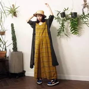 [하프클럽/앞머리]체크 브이넥 와이드 린넨 점프수트n621