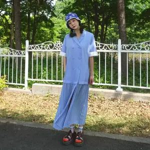 [하프클럽/앞머리]소매배색 단추 카라 플리츠 롱 원피스n0522