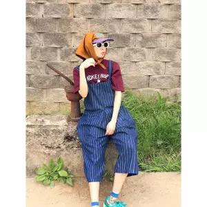 [하프클럽/앞머리]워싱데님 스트라이프 오버핏 점프수트n424