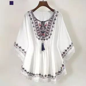 [퀸이즈] 치카 에스닉 자수 허리 셔링 블라우스