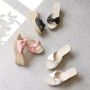 여성 러블리 리본 오픈토 라탄 웨지힐 키높이 슬리퍼