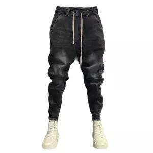 남성 배기팬츠 항아리 청바지 허리 밴드 스판 조거 데님 카고 검은 색 28