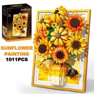 창의적인 반 고흐 해바라기 꽃다발 그림 블록 꽃 화분 장식 조립 블록 장난감 어린이 소녀 선물