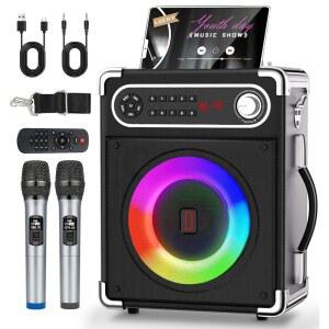 [미국배송] 노래방 기계 성인 및 용 무선 마이크 2개 포함 휴대용 블루투스 스피커 리모컨이 있는 PA 시스템 LED 조명 파티 홈 시스템 패키지용 USB/TF/REC/FM/AUX/TWS 지원