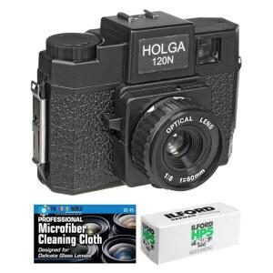 Ilford 5 120 필름 번들과 마이크로파이버 천이 포함된 Holga 120N 중형 포맷 카메라(블랙)