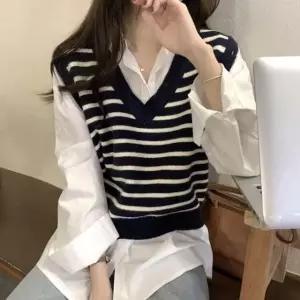 여성 겨울 데일리 심플 스트라이프 브이넥 니트 조끼 (WFK5NIH)