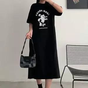 여성 오버핏 캐릭터 프린트 롱 원피스 반팔 티셔츠 (WFJ7CI4)