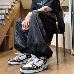 남성 데일리 배기핏 바지 얇은 아이스 샤이닝 롱무늬 블루종팬츠 빅사이즈 슬랙스 스포M5