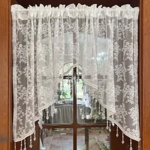 아치형 도어 웨딩 발렌타인 장식 막대 포켓 1 패널(W59xH31 인치)을 위한 프린세스 화이트 플라워 니트 레이스 스웨그 커튼 밸런스 비즈 럭셔리 스캘럽 토퍼 빅토리아 드레이프