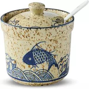 뚜껑과 숟가락이 있는 메흐리도 세라믹 설탕 그릇 u2013 10온스 용기 주방 카운터 커피 바 및 가정용 차