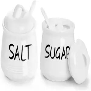 뚜껑과 숟가락이 있는 소금과 설탕 그릇 - 12온스 세라믹 저장고 세트 용기 카운터용 향신료 상자 농가