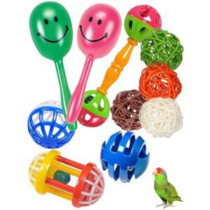 앵무새를 위한 디유키시 10팩 새 장난감 u2013 천연 라탄 & 플라스틱 벨 볼 안전하고 재미있는 케이지 장식 및 발 운동 (1.5인치 - 5.5인치), 가치