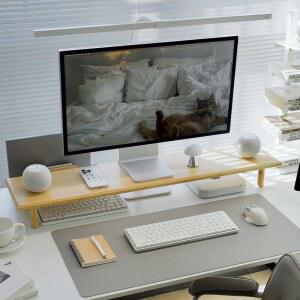 ROCDEER Bamboo 듀얼 모니터 스탠드 라이저, 하단 수납 공간, 인체 공학적 책상 선반, PC 컴퓨터 모니터, 프린터, 가정, 사무실용 TV 지원, 내추럴