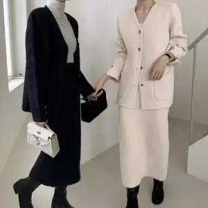 여성 겨울 보들 퍼 가디건 니트 스커트 세트 하객룩 SST0111S