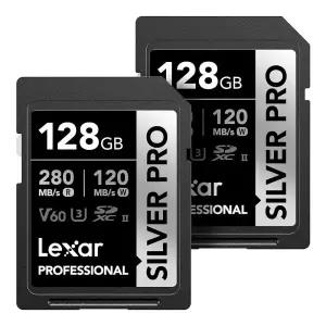 렉사 128GB(2-PK) 프로페셔널 실버 프로 SD 카드 UHS-II C10 U3 V60 풀 HD 4K 최대 280MB/S 읽기 SDXC 메모
