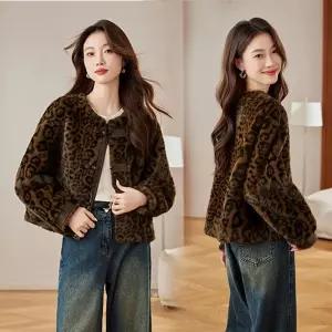 마킷4 여자 자켓 가죽 고급스런 라운드 레오파드 퍼 코트 겨울 루즈핏 일체형 상의 JEN4