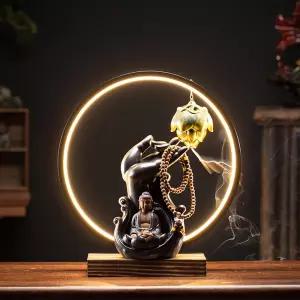 wrikri LED 라이트 원형조명 연기향꽂이 부처상 장식 오브제 명상 무드등