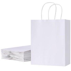 손잡이가 달린 SUNCOLOR 25팩 흰색 가방 - 중간 크기의 8인치 4.5인치 10인치 쇼핑백 소매, 파티 호의, 상품, 비즈니스를 위한 튼튼한 크래프트 종이 선물 친환경 포장 | 가방, 쇼핑, 결혼식, 발렌타인데이, DIY