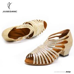 여성 라틴 스포츠 댄스화 라인 댄스 슈즈 스톤 탱고 살사 미들 힐 실버 골드 JuseDanc