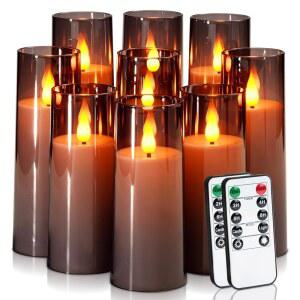 Amagic Grey 무염 양초 9세트, 리모컨과 타이머가 장착된 배터리 작동 양초, 홈 할로윈 장식용 깜빡이는 LED 기둥 3D Wick, 따뜻한 노란색 조명, D2.2 xH5