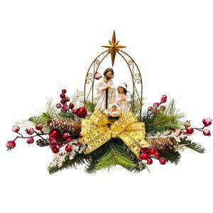 트리머 골드 아치 눈이 몰려든 솔잎 레드 베리와 크리스마스 테이블 장식 홀리데이 장식을 위한 황금 활과 함께 크리스마스를 Lnymura 조명 성탄화 장면