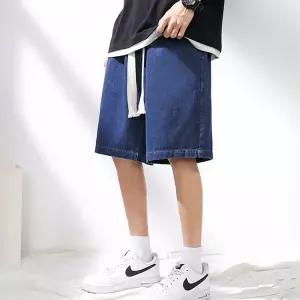 남자 여름 스트릿 와이드 스타일 트렌디 밴딩 하프 데님 반바지 남성 편한 5부 5부팬츠 캐주얼 허리밴 밴바