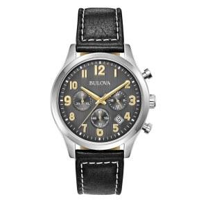 Bulova 남성 클래식 스테인리스 스틸 6핸드 크로노그래프 쿼츠 가죽 스트랩 시계 그레이 다이얼 골드 액센트 아랍어 마커 41mm