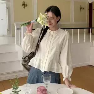 [다잇템] 여자 귀여운 둥근카라 봄신상 레이스 프릴 후레아 블라우스