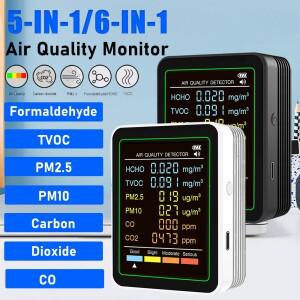 6in 1 공기질 모니터 포름알데히드 TVOC PM2.5 PM10 CO 감지기 대형 컬러 화면 실내 이산화탄소 테스터