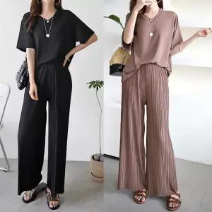 [유야]여성 쿨 반팔티 스판 플리츠 통바지 세트 -FPST0050- 여름