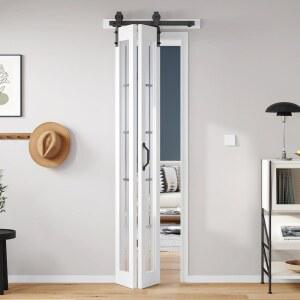 로이멜로 이중 접이식 반 도어 24x84 인치(더블 12x84), 28인치 하드웨어 키트가 포함된 사전 조립된 화이트 프로스트 유리 크로스 투명 도어, 옷장 슬라이딩 우드 패널 슬래브, 공간 절약