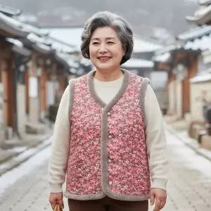 [프리폼]남녀공용 겨울 융털 누빔조끼 M9 할머니 레트로 꽃무늬 김장 방한 보온 기모 조끼 촌캉스