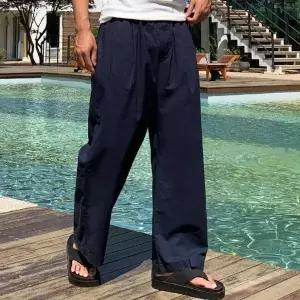 남자 에난 아이스 투턱 린넨 면 와이드 밴딩 팬츠